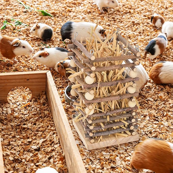 Eorbow Wood Rabbit Hay Feeder, 7" Hanging Grass Holder with 2 Hooks, Small Animals Feeding Hay Manager for Cage, Bunny Hay Feeder Rack for Chinchilla Guinea Pig Hamster Gerbil