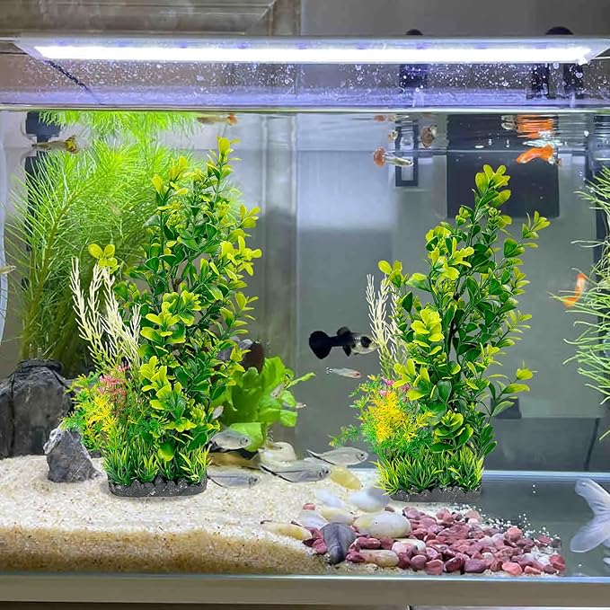 Aquarium Plants (2-Pack) Artificial Plastic Fish Fish Habitat Decor, Small to Moderate Size Aquarium Decorations, Safe Green Plants for Freshwater Tanks (Light Green & Gold Mix)