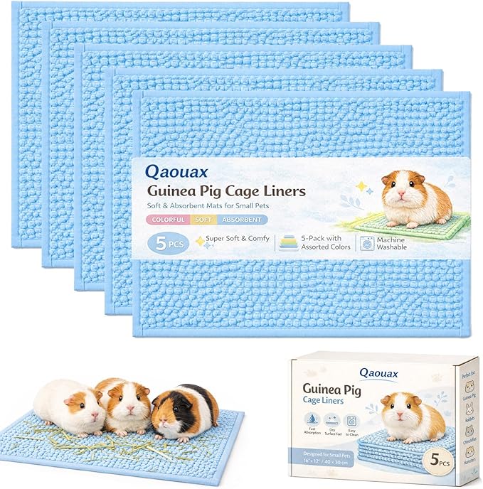Guinea Pig Cage Liner, Washable Fleece Liners for Guinea Pig Cage, Soft Bedding Mats & Blankets for Small Animals (5 Pcs Blue, 16x12'')