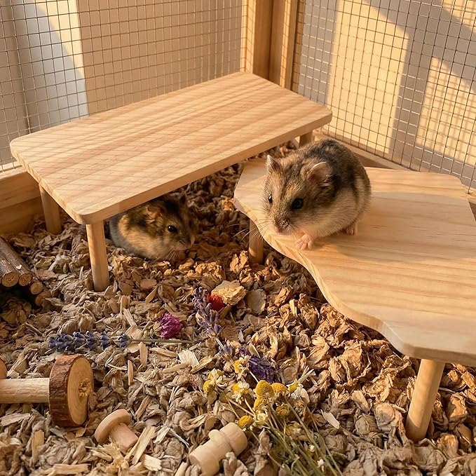 2 Pcs Set Hamster Play Wooden Platform for Dwarf Syrian Hamsters Gerbils Mice Degus or Other Small Pets