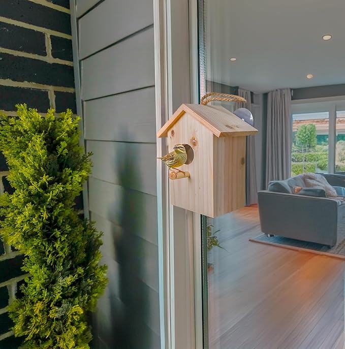 See Through Window Birdh Ouse - Wooden, Large Suction Cups, Hanging Lanyard Rope Bird House - Spy Window Bird Nest Box - Outdoor Bird Watching, Backyard Bird Shelter