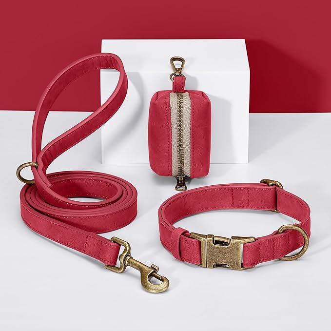 Didog Soft PU Leather Dog Collar, Stylish Quick Released Dog Collar for Large Dogs, Easy Clean Adjustable Pet Collar for Daily Walking, Red, L Fit 16-22" Neck