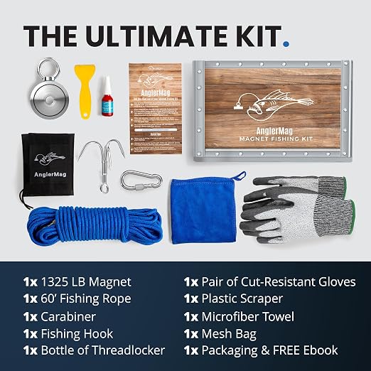 AnglerMag™ Magnet Fishing Kit - 1325 lbs Double Sided Neodymium Magnetic Fishing Stuff with Rope - 10 PCS Extra Strong Complete Gift Set with eBook, Carabiner, Gloves, Grappling Hook & Carrying Bag