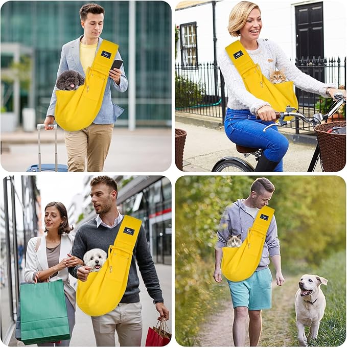 CUBY Dog and Cat Sling Carrier - Hands Free Reversible Small Pet Carrier Sling with Storage Pocket Design - Suitable for Puppy, Small Dogs Cats Outdoor Travel Walking(Yellow)