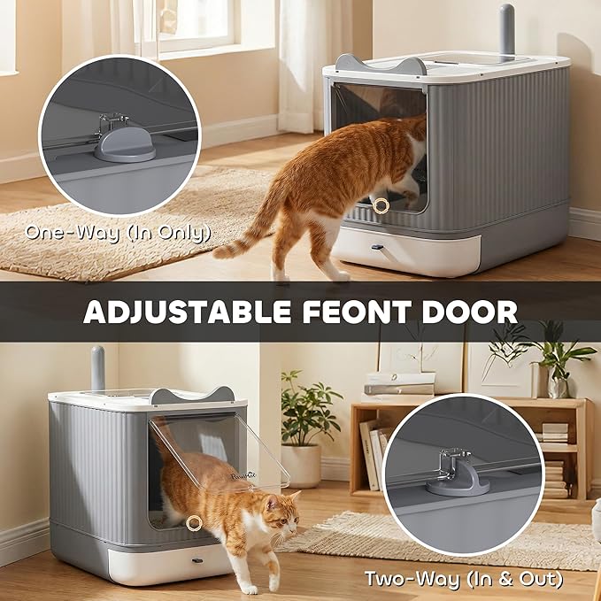 PawHut Cat Litter Box with Lid, Enclosed Litter Box for Medium Cats, Front-Entry and Top-Exit, Scoop, Deodorizer Bag, Easy Clean & Non-Sticky, Anti-Leakage, White