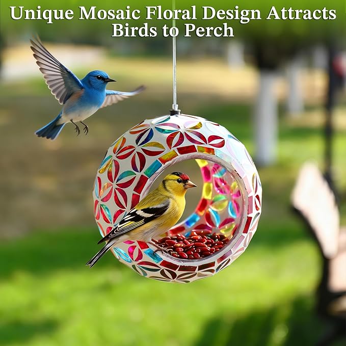 VOREEN Mosaic Glass Bird Feeder, Handcrafted Hanging Fly-Through Feeder for Outdoor Garden & Backyard, Decorative Wild Bird Feeder with Steel Wire Cable –Colorful Floral Mosaic Style