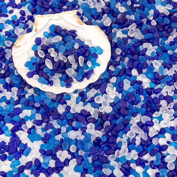 QEQEKAKA Sea Glass Stones for Crafts 1LB Mixed Blue Pebble Gemstone Bulk | Small Glass Stones for Beaching Wedding DIY Decor Aquarium Turtle Tank Vase Filler (405g/14.28oz)