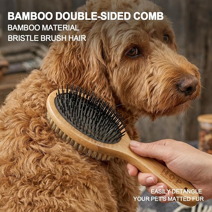 2-in-1 Double-Sided Dog Brush with Bamboo Handle Pin&Bristle Dog Hair Brush Pet Grooming Tool for Dogs and Cats Remove Loose Hair Knots Tangles
