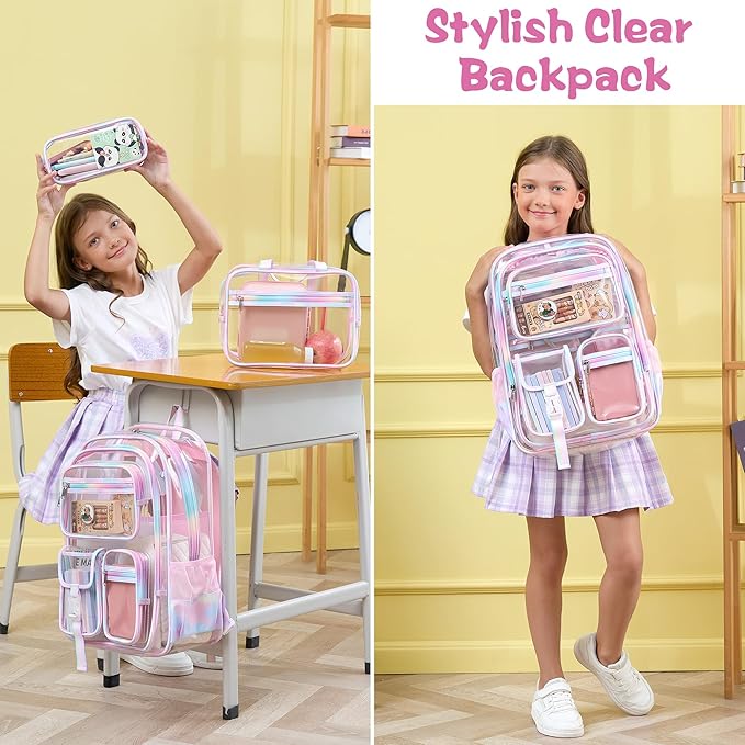 Fimibuke Clear Backpack for Girls, 3PCS Heavy Duty PVC Transparent Girls Backpack with Lunch Box & Pencil Case School Stadium Approved Cute Toddler School Bookbag for Preschool Kindergarten Elementary