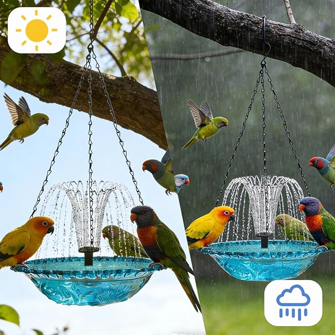 Hanging Solar Bird Bath Fountain with Solars Pump & Bowl & Chains Large Humming Solar Water Fountains with Flowing Water for Outdoor Garden Backyard Patio Lawn(Blue)