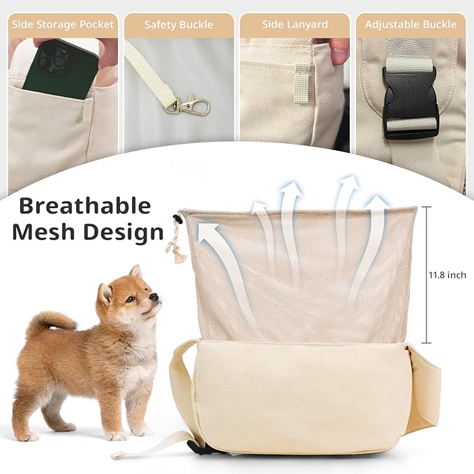ONECUTE Dog Sling Carrier for Small Dogs and Cats, Lightweight Collapsible Pet Travel Bag with Adjustable Strap, Side Pockets & Breathable Mesh (Beige, 15.7" L x 5.9" W x 8.6" H)