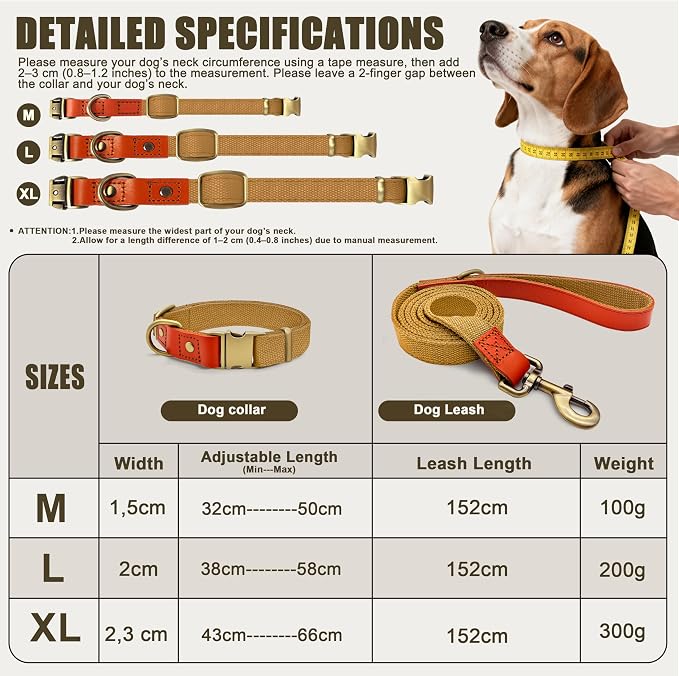 Dog Collar and Leash Set with Metal Quick Release Buckle, Adjustable, Breathable Nylon, Durable, Soft and Comfortable, No Pull for Walking and Training, Khaki, L (14.9"-22.8")