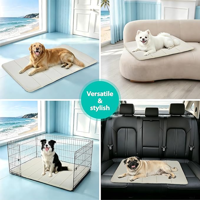 Cooling Dog Mat Q-Max>0.5 - Rapid Cooling Tech, Thin Breathable Crate Pad, Portable Washable Summer Mat, Chill Soothing Fabric - 30"x20" Medium Dog, Dark Beige
