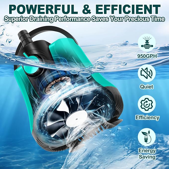 RovPool Sump Pump Submersible, Adjustable Pool Cover Pump Above Ground | Portable Electric Water Removal Pump with 10ft Hose, 4 Adapters Water Pump for Pool Draining,Fish Tank,Pond, 950GPH