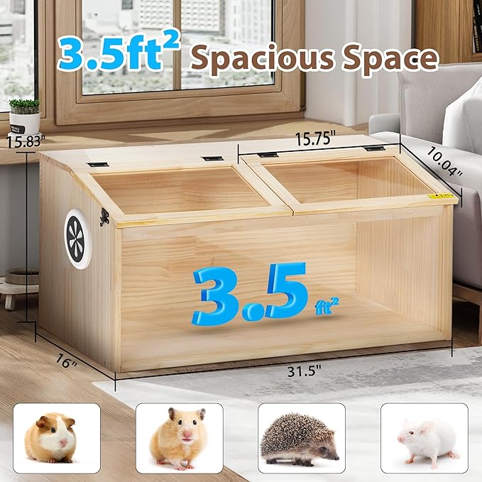 COZIWOW Wooden Hamster Cage, Large Hamster Habitats Enclosure with Acrylic Window & Openable Top, (32" L x 16" W x 16" H) Small Animal Cage for Guinea Pig, Chinchilla, Gerbil