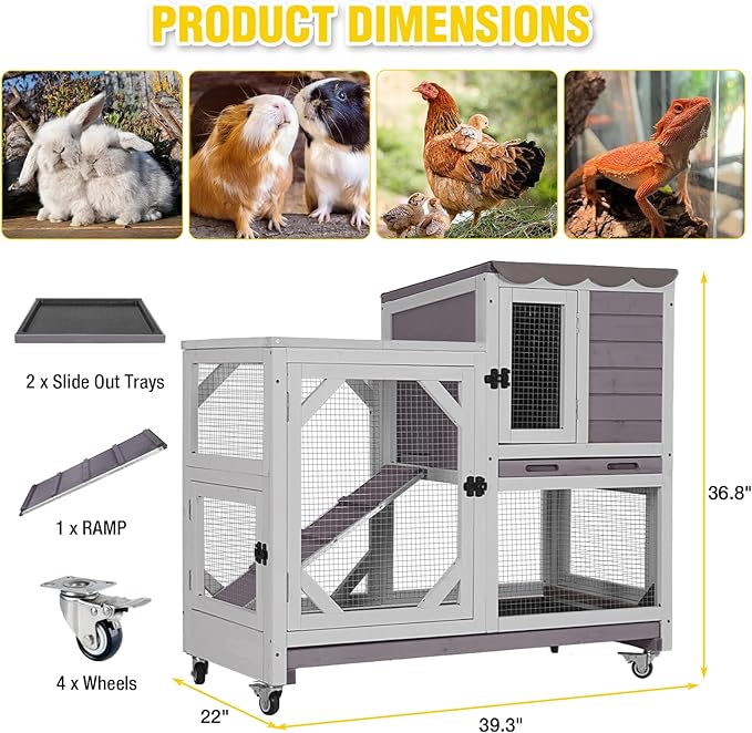 Aivituvin 39.3" Large 2-Story Large Rabbit Hutch Indoor Rabbit cage Wooden Bunny Cage with Chew-Proof Ramp, Leak-Proof Tray, Lockable Wheels for 2-4 Rabbits, Guinea Pigs (Grey)