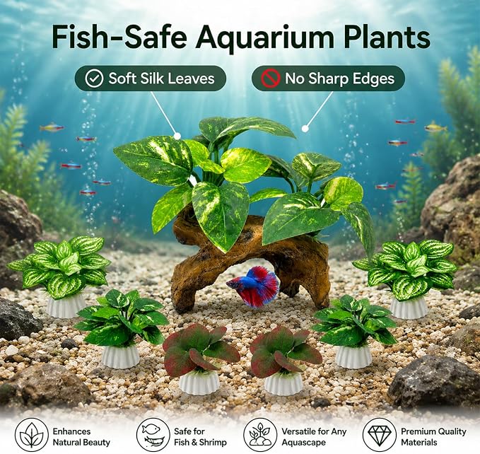 9-Pack Silk Aquarium Plants & Driftwood Cave Fish Tank Decor Accessories | Soft Silk Plants Aquarium Decorations, Fish-Friendly, Small Fish Tank Decorations for Betta, Shrimp, Cichlid Tank & Reptiles