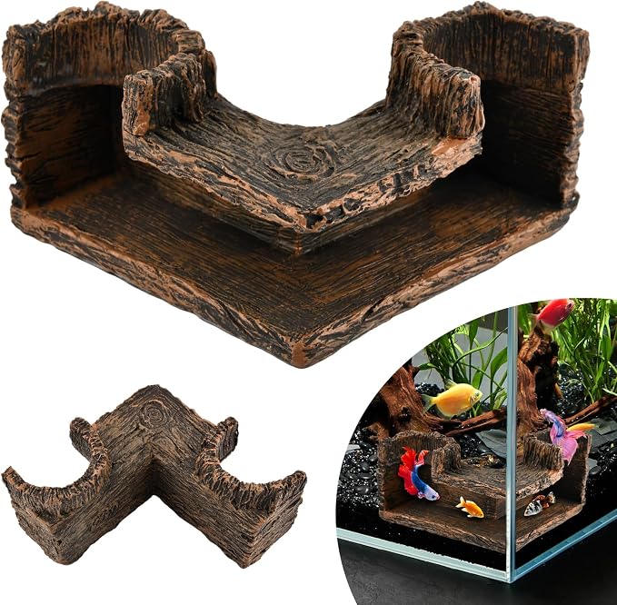 Aquarium Corner Cave - Fish Tank Cave for Corners - Betta Hideout | Natural-Looking Wood-Like, Fish Hideout for Aquarium,90° Corner Fish Cave Viewing Tunnels,5.1” x 2” x 2.7”