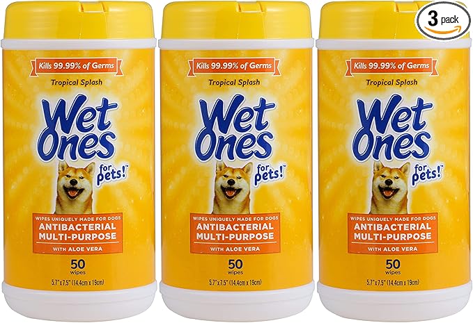 Wet Ones for Pets Antibacterial Dog Wipes, Multi-Purpose Grooming Wipes with Aloe Vera for Paws, Face & Body, Easy Cleanups Between Baths, Tropical Splash Scent, 5.7 in x 7.5 in, 50 Count - 3 Pack