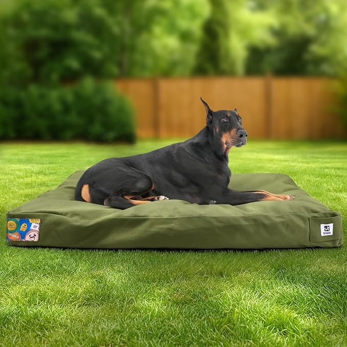 42 Inch Durable Indestructible Dog Bed for Extra Large Dogs, Outdoor Canvas Chew Proof Pet Crate Mat with Waterproof Washable Removable Cover, Indoor Patio Pet Pad for Crate, Green