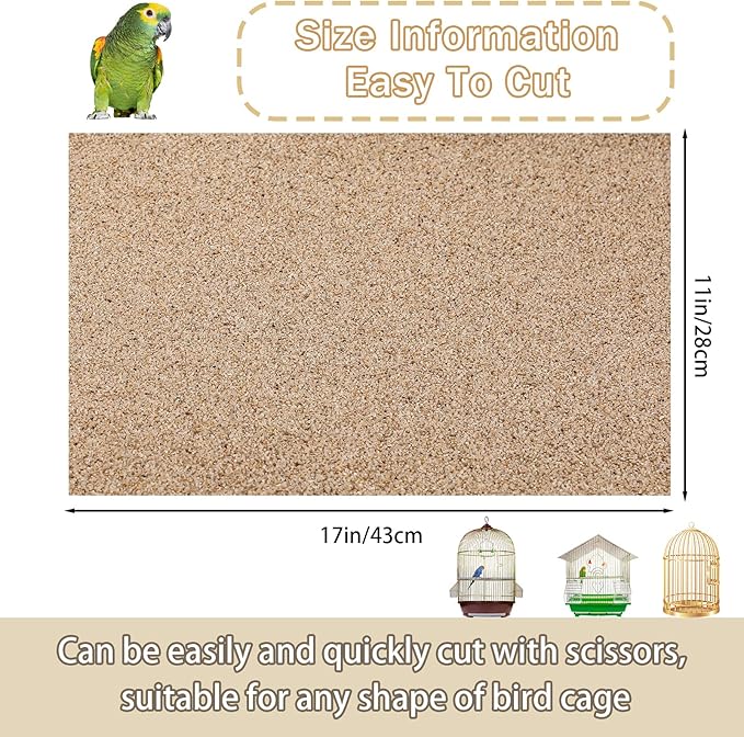 Fabbay 100 Pcs Gravel Paper for Bird Cage Gravel Liner Paper Pet Sandpaper Special for Bird Cage in Sea Sand, Easy Clean Pet Sandpaper Calcium Paper for Birdcage Parrots Cockatiels(11 x 17 Inch)