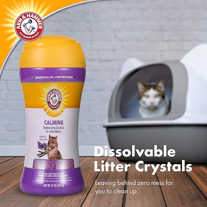 Arm & Hammer Cat Litter Deodorizing Crystals with Baking Soda, Odor Neutralizer, Dissolving Litter Box Deodorizer for Cat Odor Control, Lavender and Vanilla Scent, 15 Oz