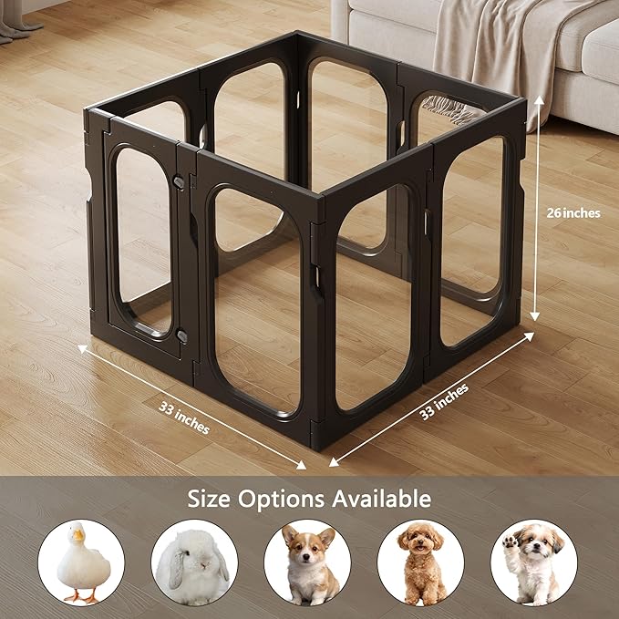 Acrylic Clear Dog Playpen Indoor with Door, 26'' H Transparent Dog Play Pen for Small Dogs, No-Connector Modular Puppy Playpen with Integrated Suction Cups Base, 8 Panels, Black