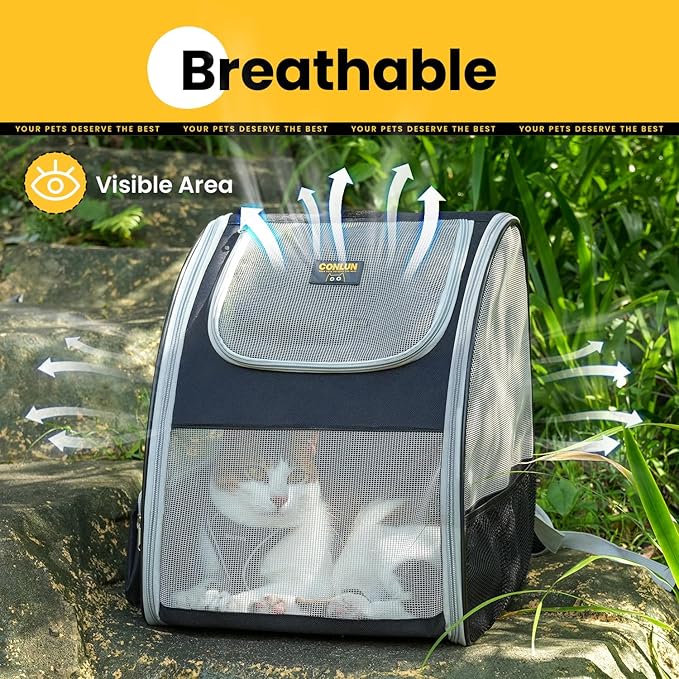 Conlun Cat Backpack Carrier for Small Dogs and Cats Fit Up to 15 Lbs,Small Dog Backpack, Foldable with 3-Side Mesh Windows, Pet Carrier for Travel & Hiking Friendly，Gray