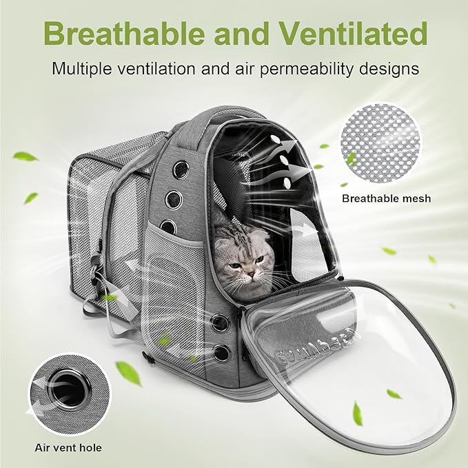 Cawypety Expandable Cat Backpack,Cat Bubble Backpack Carrier for Carrying Cats, Pets and Small Dogs,Airline-Approved,Designed for Travel, Hiking, Walking,Car （Grey