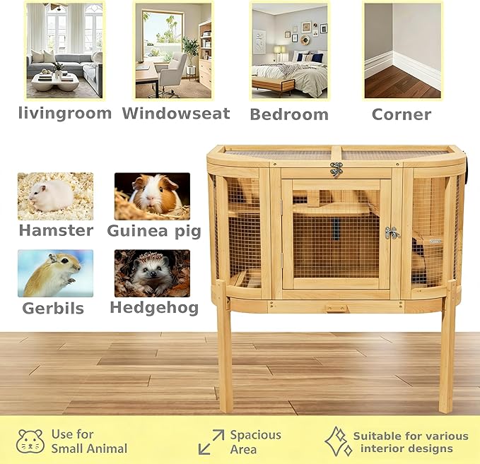 Wooden Hamster Cage 2 Story with Detachable Legs & Pull-Out Tray, Small Animal Habitat with Ramp, Top & Side Ventilation Mesh for Guinea Pigs