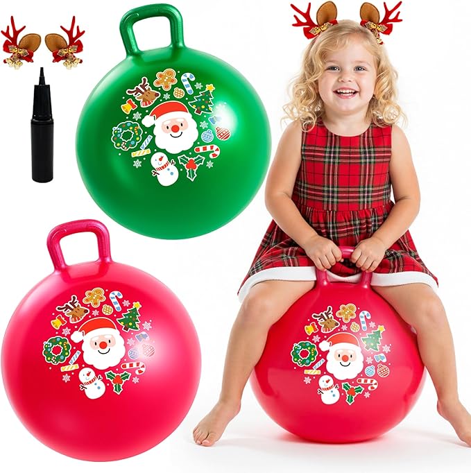 2-Pack Hopper Ball for Kids 18In Sit On Bouncy Ball with Handle with Christmas Reindeer Ears, The Top Green & Red Christmas Boys Girls Gifts for 4 5 6 7 8 Yr Old Indoor Outdoor Active Play