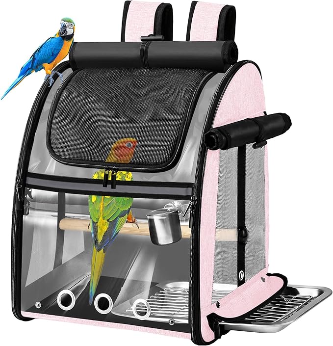Bird Carrier Bag with Indestructible Stainless Steel Mesh, Bird Travel Cage with Stand, Easy to Clean Backpack for Parrot, Portable Bird Travel Bag, Pink