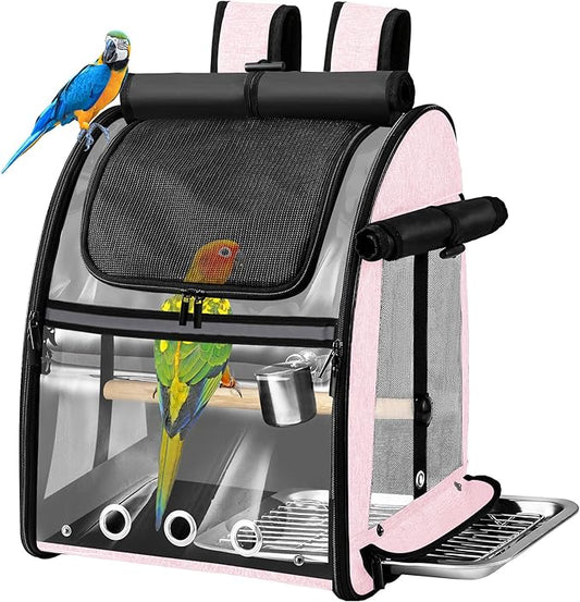 Bird Carrier Bag with Indestructible Stainless Steel Mesh, Bird Travel Cage with Stand, Easy to Clean Backpack for Parrot, Portable Bird Travel Bag, Pink