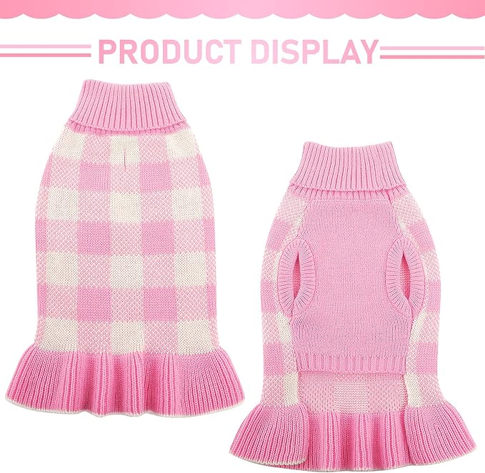 Dog Sweater Dress Plaid Knitwear for Small Medium Dogs Warm Puppy Pet Turtleneck Stretch Pullover Cute Fall Winter Vest Clothes with Leash Hole for Christmas (Pink, L)