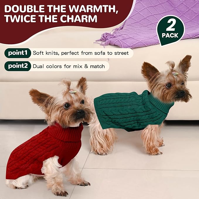 2 Pack Dog Sweaters for Small Dogs Winter Turtleneck Pullover Cable Knit Fleece Stretch Puppy Doggie Chihuahua Toy Poodle Yorkie Pomeranian Boy Girl Pet Clothes (XS, Red & Green)