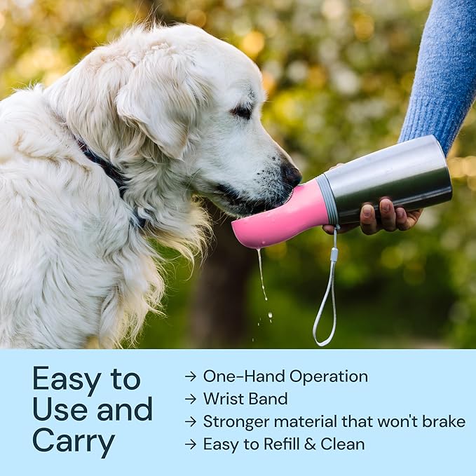 MalsiPree Insulated Dog Water Bottle - 24 Oz, Pink - Leak-Proof Stainless Steel Portable Travel Dispenser & Bowl for Trail Hiking, Park Visit, Camping & Beach Days