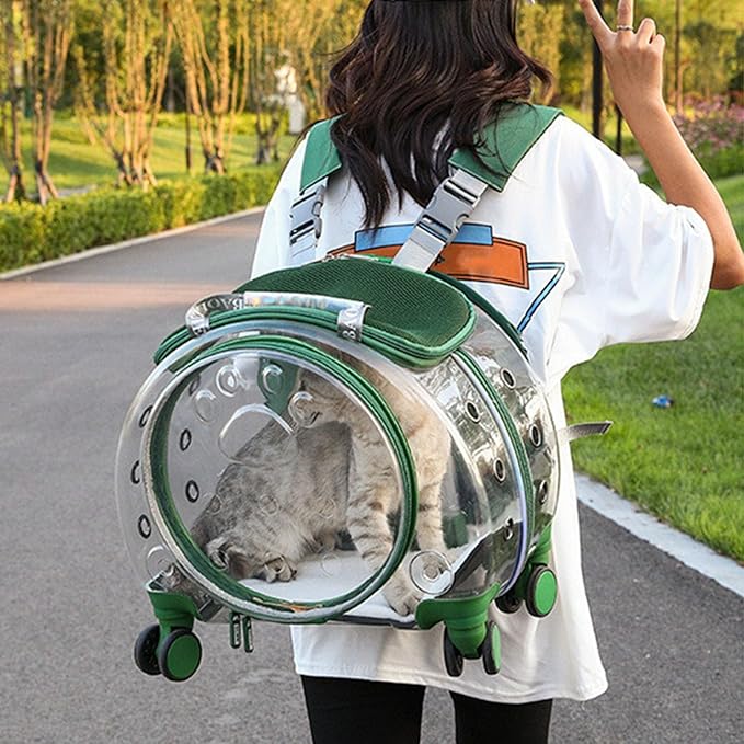 Cat Carrier with Silent Wheels Telescopic Handle, Transparent Bubble Cat Carrier, Pet Trolley Case with Clear Ventilation Holes, Portable Cats Dogs Backpack, Pet Rolling Carrier Bag for Hiki