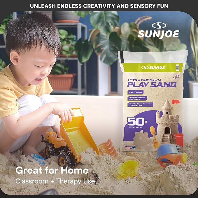 Sun Joe 5 Pack Silica Play Sand for Sandbox, Sensory Table & Garden Spaces, Ultra Fine, 50 Lbs - Natural Craft Accessory for Molding, Digging & Sculpting - Ideal for Indoor and Outdoor Use