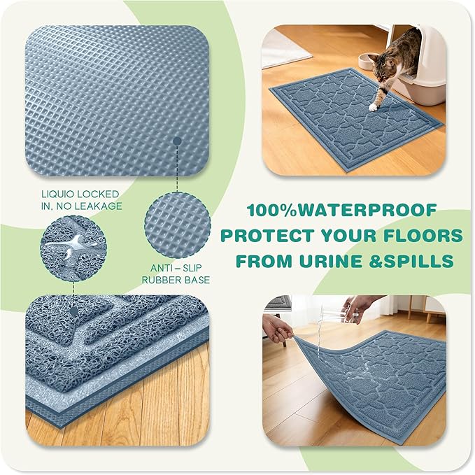 Yimobra Cat Litter Mat, Litter Trapping Waterproof Non Slip PVC Mat, Scatter Control Easy Clean for Litter Box, 24"x20", Tea Blue