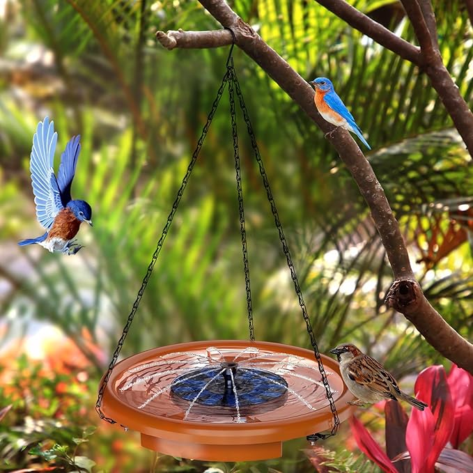 AISITIN 15" Hanging Bird Bath with Solar Fountain, Outdoor Hanging Bird Bath Bowl with 3-Tier Steps, Solar Powered Water Fountain for Bird Bath, Feeder, Drinking, Garden Patio Lawn Backyard