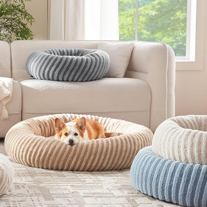MIXJOY Dog Bed Medium Size Dogs, Washable Medium Dogs Bed with Removable Cover, Cozy Donut Dog Ded Fluffy Plush Faux Fur Pet Bed with Anti-Slip Bottom, 30"x30"x8", Beige
