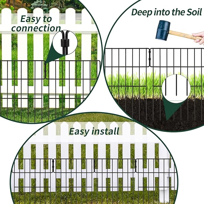 ULIOK Animal Barrier Fence, 25 Panels No Dig Fence, 27ft(L) x 17in(H) Dog Fencing Rabbit Fences, 1.52in Spike Spacing Rustproof Metal Fences Border for Outdoor Yard with Cable Ties and Cutting Plier