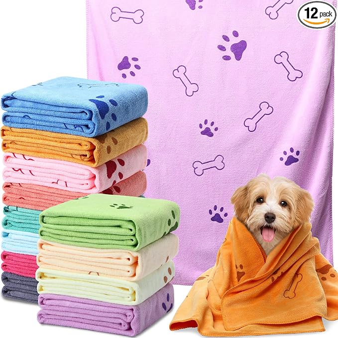 Irenare 12 Pack Dog Bath Towel Set 20'' x 39'' Microfiber Towels for Drying Dogs, Dog Drying Grooming Towel Absorbent Quick Soft Cat Shower Essential for Small Medium Puppy Pet(Multicolor)