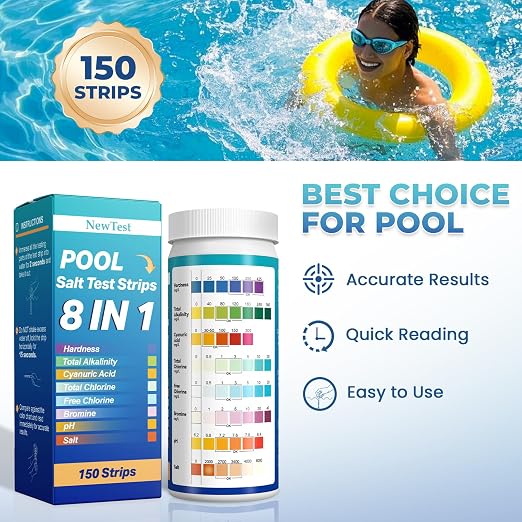 Pool Salt Test Strips: 150CT 8 in 1 Professional Pool Test Strips | Quick Accurate Results Saltwater Pool Testing Kit for Salt Water Pool & Hot Tub & Spa & Swimming Inground Pools