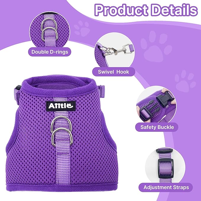 AIITLE Adjustable Rabbit and Leash Set - Lightweight & Portable, Padded Vest with Magic Tape Design, Indoor/Outdoor Use (Training, Hiking) - Fits Hamsters, Rats, Iguanas, Puppies, Cats, Purple M