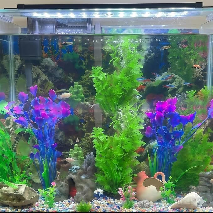 2 Pack Artificial Aquarium Plants, 15.8 Inch Tall, Seaweed, Purple, Plastic, Weighted Ceramic Base, for Aquarium, Indoor
