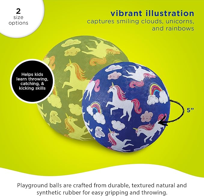 Crocodile Creek Playground Ball - Durable Rubber Ball for Kids Ages 3 and Up - Bouncy Inflatable Ball for Kickball, Indoor Games, and Outdoor Sports - PVC-Free - Unicorns - 5-inch Diameter