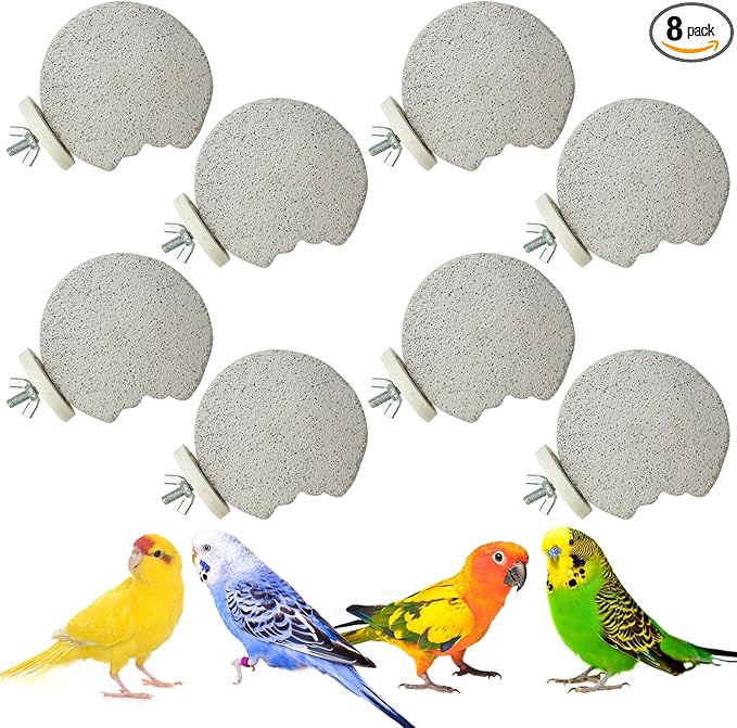 PINVNBY 8 PCS Bird Perch Parrot Beak Grinding Stone Calcium Mineral Parrot Perch Foot Claws Trimmer Chewing Toy Bird Cage Accessories for Small Medium Budgie Cockatiel Conure Lovebird (Lune)