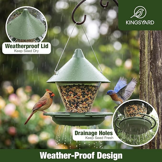 Kingsyard Wild Bird Feeder for Outdoors Hanging, No-Waste Tray with Seed Guard & Circular Perch, Garden Yard for Cardinal Finch, 4 lb Large Capacity, Green