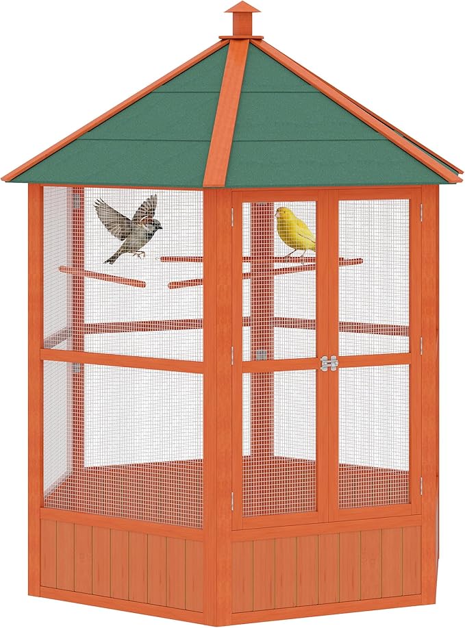 PawHut 69" Large Wooden Hexagonal Outdoor Aviary Flight Bird Cage with Covered Roof, Brown